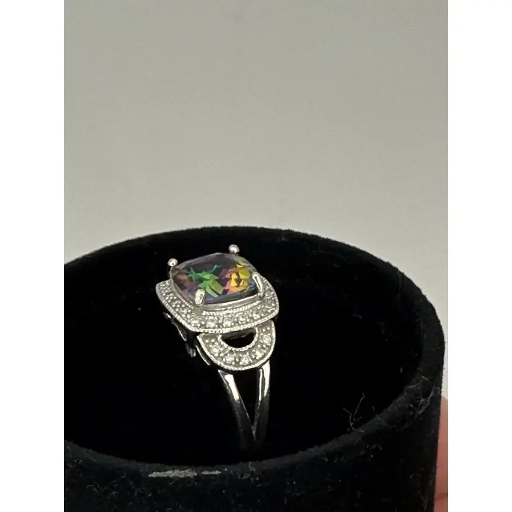 Mystic Topaz Halo Ring Sterling Silver Cushion 9mm Split Shank Sz 8
